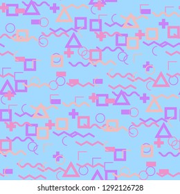 Seamless Memphis Pattern. Abstract Colorful Texture with Lines and Geometric Figures for Wallpaper, Fabric, Print. Modern Seamless Multicolor Background in Memphis Style for your Design. Vector.