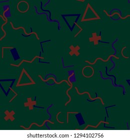 Seamless Memphis Pattern. Abstract Colorful Texture with Lines and Geometric Figures for Print, Fabric, Textile.  Vintage Seamless Multicolor Background in Memphis Style for your Design. Vector.