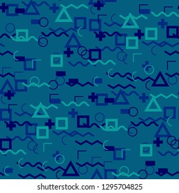 Seamless Memphis Pattern. Abstract Colorful Texture with Lines and Geometric Figures for Wallpaper, Print, Textile. Trendy Seamless Multicolor Background in Memphis Style for your Design. Vector.