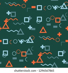 Seamless Memphis Pattern. Abstract Colorful Texture with Lines and Geometric Figures for Cotton, Calico, Textile. Vintage Seamless Multicolor Background in Memphis Style for your Design. Vector.