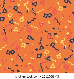 Seamless Memphis Pattern. Abstract Colorful Texture with Lines and Geometric Figures for Chintz, Curtain, Paper. Modern Seamless Multicolor Background in Memphis Style for your Design. Vector.