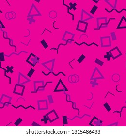 Seamless Memphis Pattern. Abstract Colorful Texture with Lines and Geometric Figures for Print, Fabric, Textile.  Retro Seamless Multicolor Background in Memphis Style for your Design. Vector.