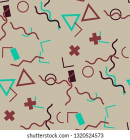 Seamless Memphis Pattern. Abstract Colorful Texture with Lines and Geometric Figures for Calico, Print, Textile. Trendy Seamless Multicolor Background in Memphis Style for your Design. Vector.