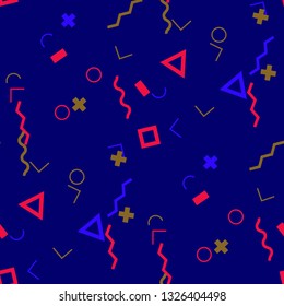 Seamless Memphis Pattern. Abstract Colorful Texture with Lines and Geometric Figures for Wallpaper, Print, Cotton. Vintage Seamless Multicolor Background in Memphis Style for your Design. Vector.