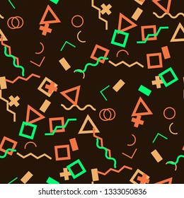 Seamless Memphis Pattern. Abstract Colorful Texture with Lines and Geometric Figures for Dress, Paper, Tablecloth. Modern Seamless Multicolor Background in Memphis Style for your Design. Vector.