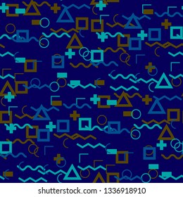 Seamless Memphis Pattern. Abstract Colorful Texture with Lines and Geometric Figures for Dress, Curtain, Tablecloth. Modern Seamless Multicolor Background in Memphis Style for your Design. Vector.