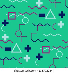 Seamless Memphis Pattern. Abstract Colorful Texture with Lines and Geometric Figures for Print, Cloth, Textile. Retro Seamless Multicolor Background in Memphis Style for your Design. Vector.