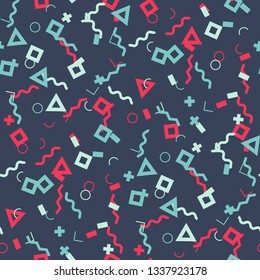Seamless Memphis Pattern. Abstract Colorful Texture with Lines and Geometric Figures for Print, Fabric, Textile. Modern Seamless Multicolor Background in Memphis Style for your Design. Vector.