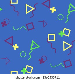 Seamless Memphis Pattern. Abstract Colorful Texture with Lines and Geometric Figures for Wallpaper, Fabric, Textile. Trendy Seamless Multicolor Background in Memphis Style for your Design. Vector.