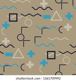Seamless Memphis Pattern. Abstract Colorful Texture with Lines and Geometric Figures for Dress, Curtain, Tablecloth. Modern Seamless Multicolor Background in Memphis Style for your Design. Vector.