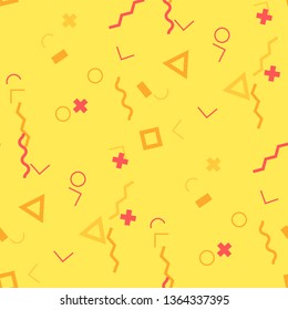 Seamless Memphis Pattern. Abstract Colorful Texture with Lines and Geometric Figures for Wallpaper, Cotton, Textile. Retro Seamless Multicolor Background in Memphis Style for your Design. Vector.