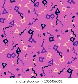 Seamless Memphis Pattern. Abstract Colorful Texture with Lines and Geometric Figures for Chintz, Linen, Paper. Modern Seamless Multicolor Background in Memphis Style for your Design. Vector.