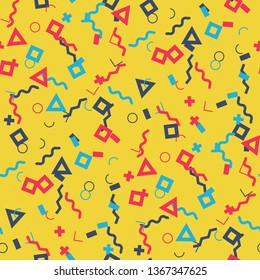 Seamless Memphis Pattern. Abstract Colorful Texture with Lines and Geometric Figures for Wallpaper, Print, Textile. Vintage Seamless Multicolor Background in Memphis Style for your Design. Vector.