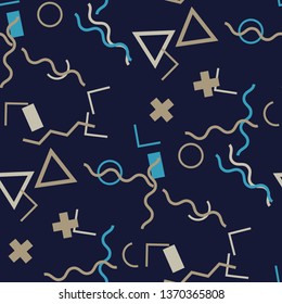 Seamless Memphis Pattern. Abstract Colorful Texture with Lines and Geometric Figures for Wallpaper, Print, Textile. Trendy Seamless Multicolor Background in Memphis Style for your Design. Vector.
