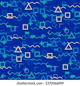 Seamless Memphis Pattern. Abstract Colorful Texture with Lines and Geometric Figures for Dress, Paper, Tablecloth. Modern Seamless Multicolor Background in Memphis Style for your Design. Vector.