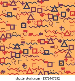 Seamless Memphis Pattern. Abstract Colorful Texture with Lines and Geometric Figures for Print, Fabric, Textile.  Modern Seamless Multicolor Background in Memphis Style for your Design. Vector.
