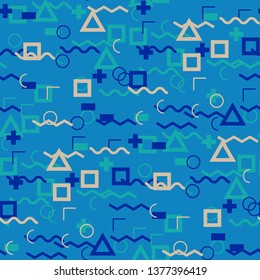 Seamless Memphis Pattern. Abstract Colorful Texture with Lines and Geometric Figures for Calico, Print, Textile. Modern Seamless Multicolor Background in Memphis Style for your Design. Vector.