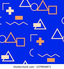 Seamless Memphis Pattern. Abstract Colorful Texture with Lines and Geometric Figures for Dress, Curtain, Paper. Modern Seamless Multicolor Background in Memphis Style for your Design. Vector.