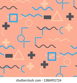 Seamless Memphis Pattern. Abstract Colorful Texture with Lines and Geometric Figures for Wallpaper, Fabric, Textile. Modern Seamless Multicolor Background in Memphis Style for your Design. Vector.