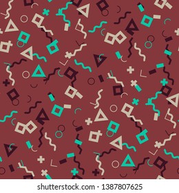 Seamless Memphis Pattern. Abstract Colorful Texture with Lines and Geometric Figures for Print, Cloth, Textile. Vintage Seamless Multicolor Background in Memphis Style for your Design. Vector.