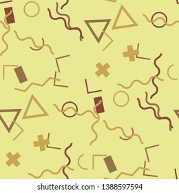 Seamless Memphis Pattern. Abstract Colorful Texture with Lines and Geometric Figures for Dress, Paper, Tablecloth. Modern Seamless Multicolor Background in Memphis Style for your Design. Vector.