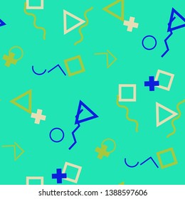 Seamless Memphis Pattern. Abstract Colorful Texture with Lines and Geometric Figures for Cotton, Calico, Textile. Vintage Seamless Multicolor Background in Memphis Style for your Design. Vector.