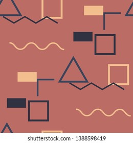 Seamless Memphis Pattern. Abstract Colorful Texture with Lines and Geometric Figures for Chintz, Linen, Wallpaper. Trendy Seamless Multicolor Background in Memphis Style for your Design. Vector.