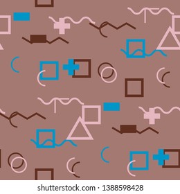 Seamless Memphis Pattern. Abstract Colorful Texture with Lines and Geometric Figures for Print, Cloth, Textile. Trendy Seamless Multicolor Background in Memphis Style for your Design. Vector.