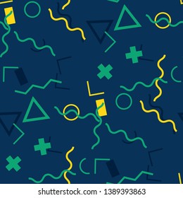 Seamless Memphis Pattern. Abstract Colorful Texture with Lines and Geometric Figures for Wallpaper, Print, Textile. Vintage Seamless Multicolor Background in Memphis Style for your Design. Vector.
