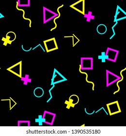 Seamless Memphis Pattern. Abstract Colorful Texture with Lines and Geometric Figures for Linen, Paper, Tablecloth. Vintage Seamless Multicolor Background in Memphis Style for your Design. Vector.