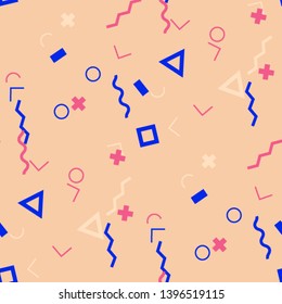 Seamless Memphis Pattern. Abstract Colorful Texture with Lines and Geometric Figures for Linen, Paper, Tablecloth. Trendy Seamless Multicolor Background in Memphis Style for your Design. Vector.