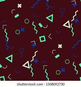 Seamless Memphis Pattern. Abstract Colorful Texture with Lines and Geometric Figures for Print, Cloth, Textile. Modern Seamless Multicolor Background in Memphis Style for your Design. Vector.