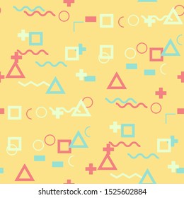 Seamless Memphis Pattern. Abstract Colorful Texture with Lines and Geometric Figures for Dress, Curtain, Paper. Retro Seamless Multicolor Background in Memphis Style for your Design. Vector.