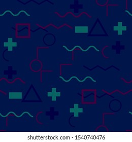 Seamless Memphis Pattern. Abstract Colorful Texture with Lines and Geometric Figures for Fabric, Cloth, Textile. Trendy Seamless Multicolor Background in Memphis Style for your Design. Vector.