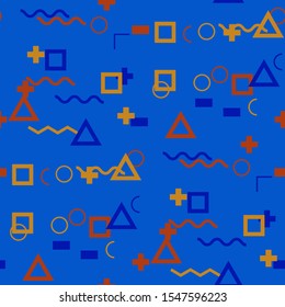 Seamless Memphis Pattern. Abstract Colorful Texture with Lines and Geometric Figures for Dress, Curtain, Tablecloth. Modern Seamless Multicolor Background in Memphis Style for your Design. Vector.