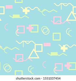 Seamless Memphis Pattern. Abstract Colorful Texture with Lines and Geometric Figures for Calico, Print, Textile. Retro Seamless Multicolor Background in Memphis Style for your Design. Vector.