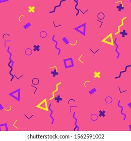 Seamless Memphis Pattern. Abstract Colorful Texture with Lines and Geometric Figures for Wallpaper, Fabric, Print. Retro Seamless Multicolor Background in Memphis Style for your Design. Vector.