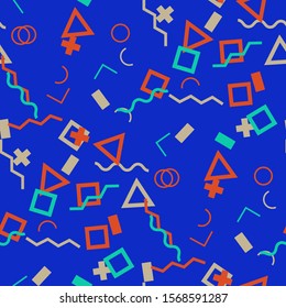 Seamless Memphis Pattern. Abstract Colorful Texture with Lines and Geometric Figures for Print, Fabric, Textile. Retro Seamless Multicolor Background in Memphis Style for your Design. Vector.