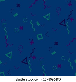 Seamless Memphis Pattern. Abstract Colorful Texture with Lines and Geometric Figures for Linen, Paper, Tablecloth. Vintage Seamless Multicolor Background in Memphis Style for your Design. Vector.