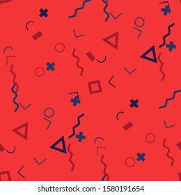 Seamless Memphis Pattern. Abstract Colorful Texture with Lines and Geometric Figures for Chintz, Linen, Wallpaper. Retro Seamless Multicolor Background in Memphis Style for your Design. Vector.