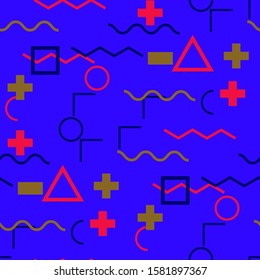 Seamless Memphis Pattern. Abstract Colorful Texture with Lines and Geometric Figures for Linen, Paper, Tablecloth. Modern Seamless Multicolor Background in Memphis Style for your Design. Vector.