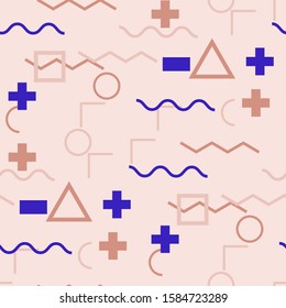 Seamless Memphis Pattern. Abstract Colorful Texture with Lines and Geometric Figures for Wallpaper, Fabric, Textile. Vintage Seamless Multicolor Background in Memphis Style for your Design. Vector.