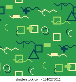 Seamless Memphis Pattern. Abstract Colorful Texture with Lines and Geometric Figures for Print, Cloth, Fabric. Retro Seamless Multicolor Background in Memphis Style for your Design. Vector.