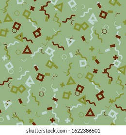 Seamless Memphis Pattern. Abstract Colorful Texture with Lines and Geometric Figures for Wallpaper, Cotton, Textile. Vintage Seamless Multicolor Background in Memphis Style for your Design. Vector.