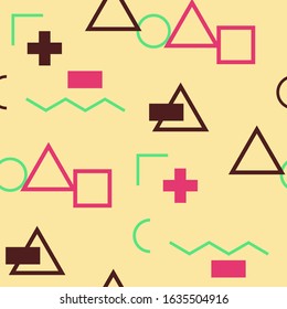 Seamless Memphis Pattern. Abstract Colorful Texture with Lines and Geometric Figures for Print, Fabric, Textile. Vintage Seamless Multicolor Background in Memphis Style for your Design. Vector.