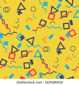 Seamless Memphis Pattern. Abstract Colorful Texture with Lines and Geometric Figures for Chintz, Linen, Paper. Modern Seamless Multicolor Background in Memphis Style for your Design. Vector.