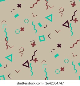 Seamless Memphis Pattern. Abstract Colorful Texture with Lines and Geometric Figures for Cotton, Print, Textile. Modern Seamless Multicolor Background in Memphis Style for your Design. Vector.
