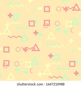 Nahtloses Memphis-Muster. Abstrakte farbige Textur mit Linien und geometrischen Figuren für Druck, Gewebe, Textilien. Moderner, nahtloser mehrfarbiger Hintergrund im Memphis-Stil für Ihr Design. Vektorillustration.