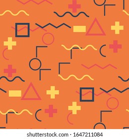Seamless Memphis Pattern. Abstract Colorful Texture with Lines and Geometric Figures for Chintz, Linen, Paper. Retro Seamless Multicolor Background in Memphis Style for your Design. Vector.