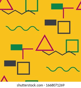 Seamless Memphis Pattern. Abstract Colorful Texture with Lines and Geometric Figures for Chintz, Curtain, Paper. Vintage Seamless Multicolor Background in Memphis Style for your Design. Vector.